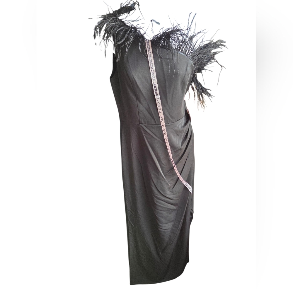 NWT Mac Duggal Black Feather Trim One Shoulder Draped Dress Size 8